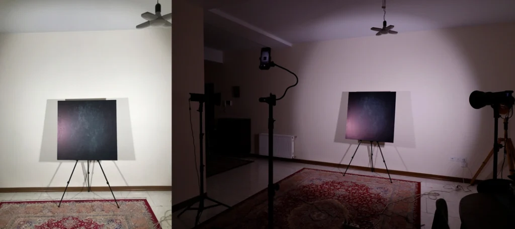 نورها در زاویه 45 درجه نسبت به موقعیت قرار گیری که نور سمت چپ کمی نزدیک تر است و رفله اش در اثر هنری آمده است